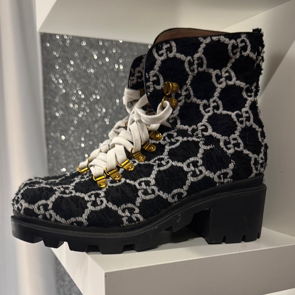 GG Collection Black and White Combat Boots with Gold Hardware